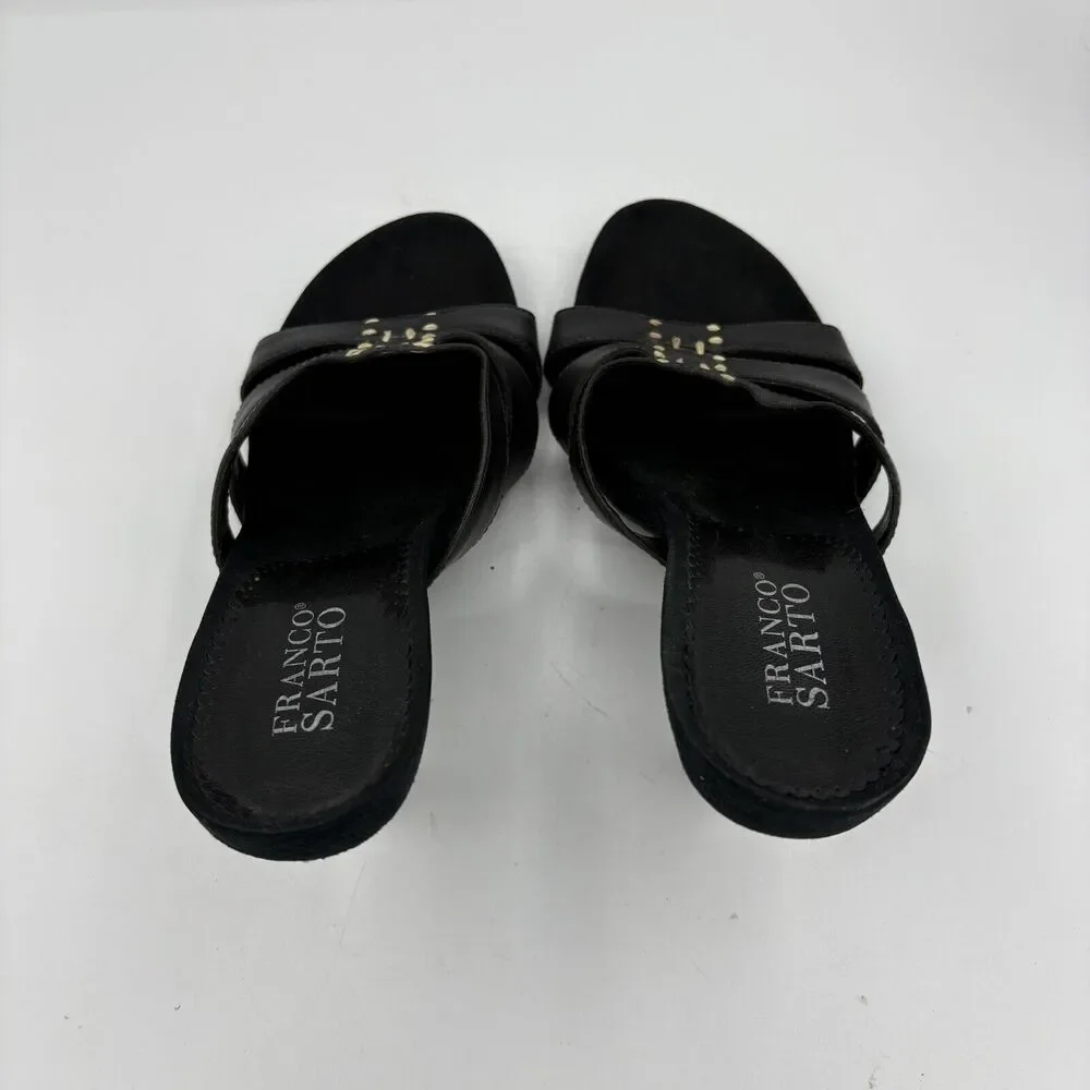 Franco Sarto High‎ Heels Womens 7 Leather Kitten Black Open Toe Mule Straps G2
